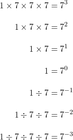 \begin{align*}1\times 7 \times 7 \times 7&=7^3\\[10pt]1\times 7 \times 7 &=7^2\\[10pt]1\times 7&=7^1\\[10pt]1&=7^0\\[10pt]1\div 7&=7^{-1} \\[10pt]1\div 7\div 7&=7^{-2}\\[10pt]1\div7 \div7\div7 &=7^{-3} \end{align*}