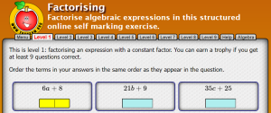 factoring exercise on transum math